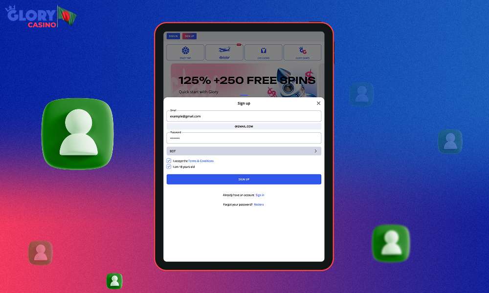 Registering an account on the Glory Casino app is actually no different than registering on the site from a computer