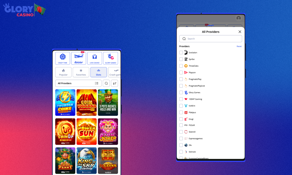 For the convenience of users from Bangladesh, the Glory Casino app categorizes all games, and there is also an option to choose providers
