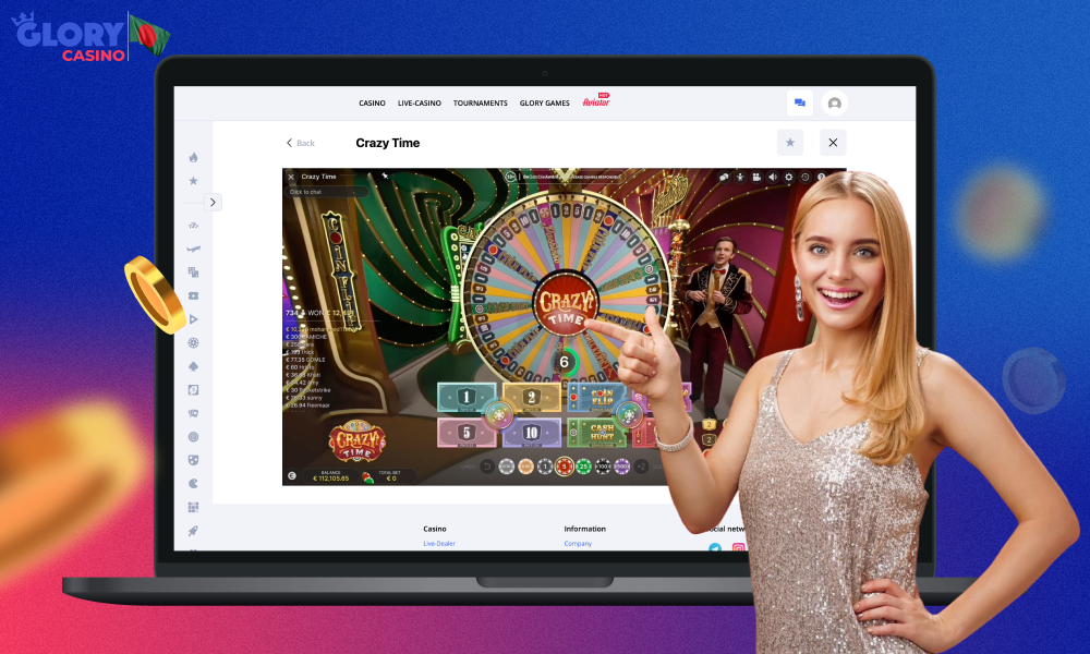 The popular Crazy Time game is available to all registered Glory Casino users from Bangladesh