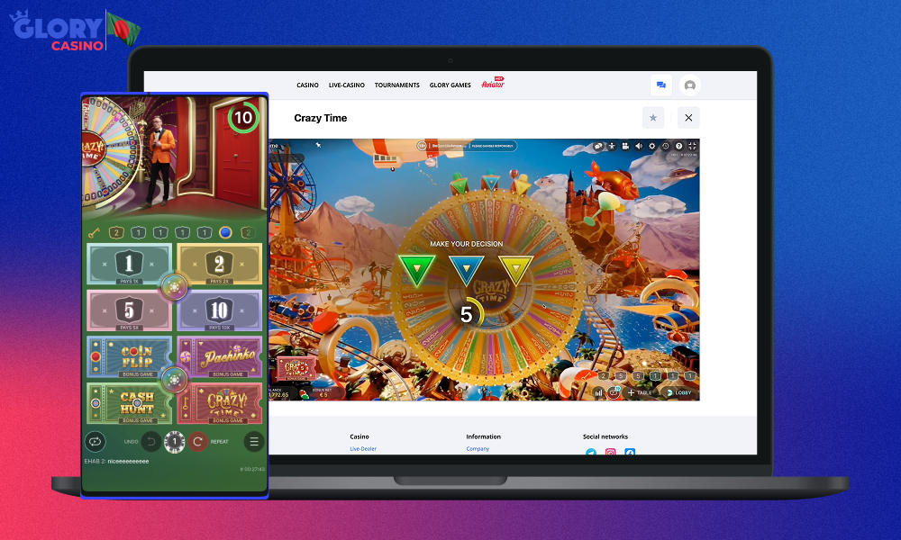 Crazy Time is available to Glory Casino users from both PC and mobile versions of the site and even the branded app